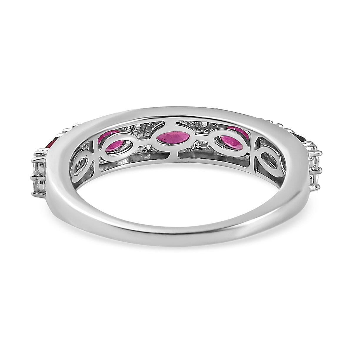African Ruby and Natural Cambodian Zircon Half Eternity Ring in Platinum Overlay Sterling Silver 1.35 Ct.