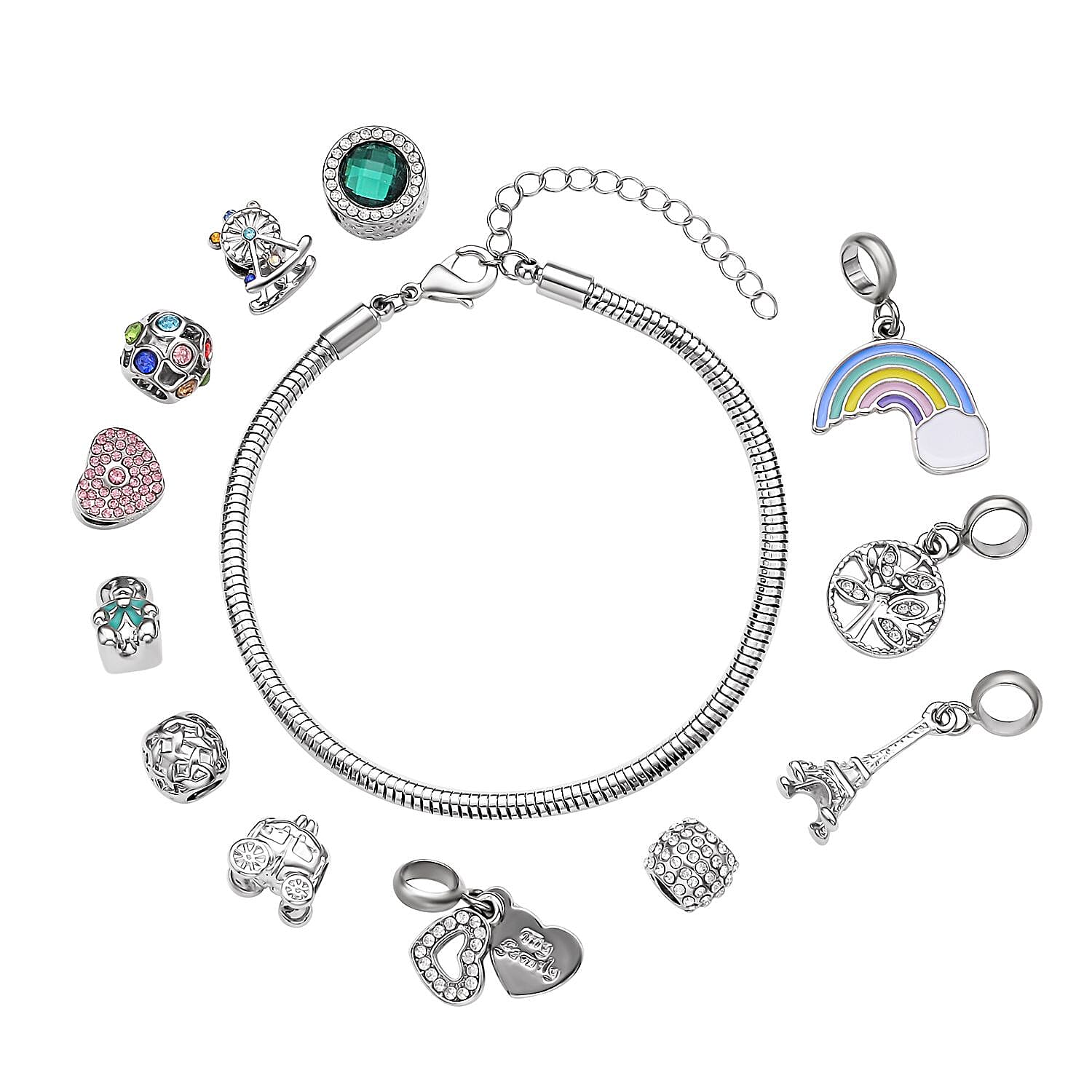 BKK Closeout - Snake Bracelet with 12 Charms (Size 7.5+ 2 inch Extender) in Gift Box
