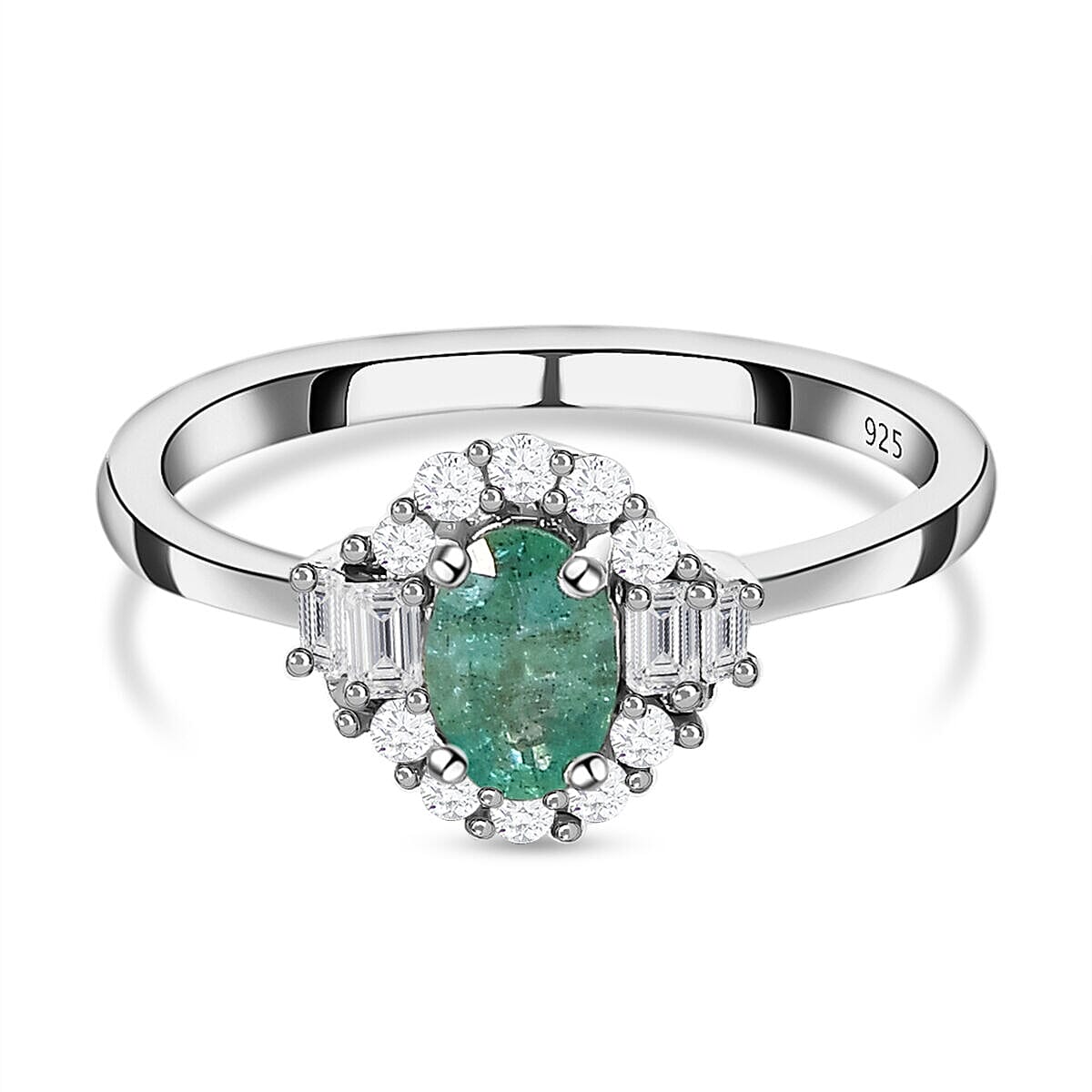 Emerald and Natural Zircon Ring in Platinum Overlay Sterling Silver