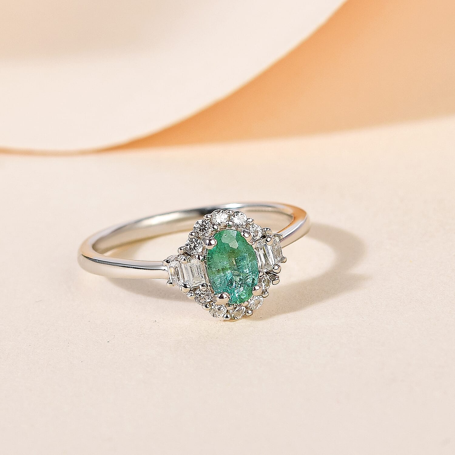 Emerald and Natural Zircon Ring in Platinum Overlay Sterling Silver