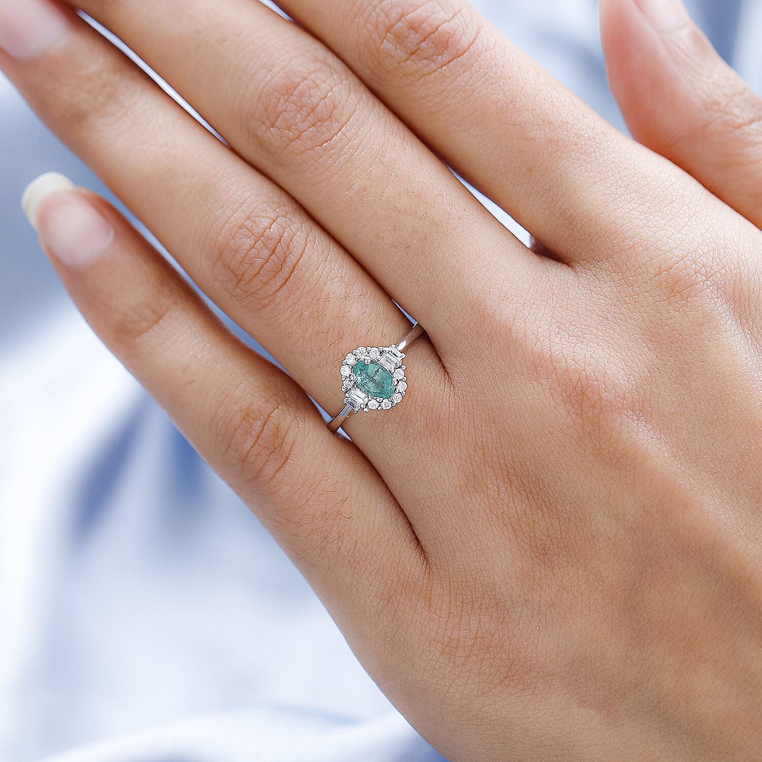 Emerald and Natural Zircon Ring in Platinum Overlay Sterling Silver