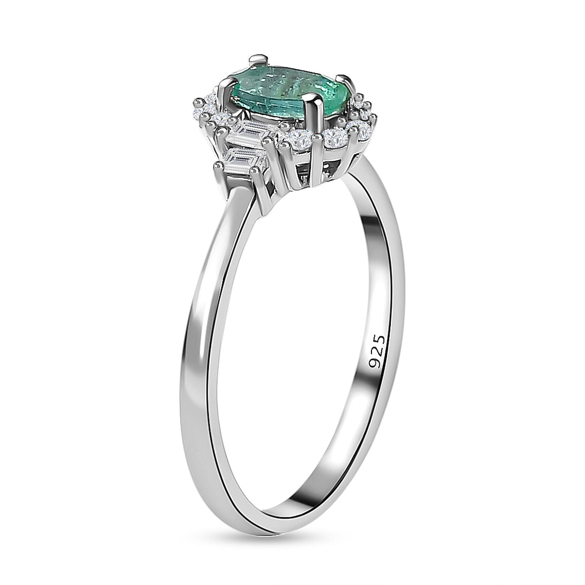 Emerald and Natural Zircon Ring in Platinum Overlay Sterling Silver