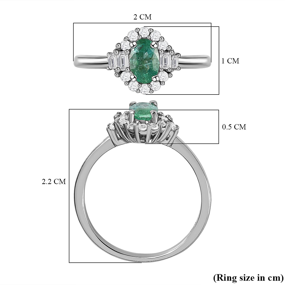 Emerald and Natural Zircon Ring in Platinum Overlay Sterling Silver