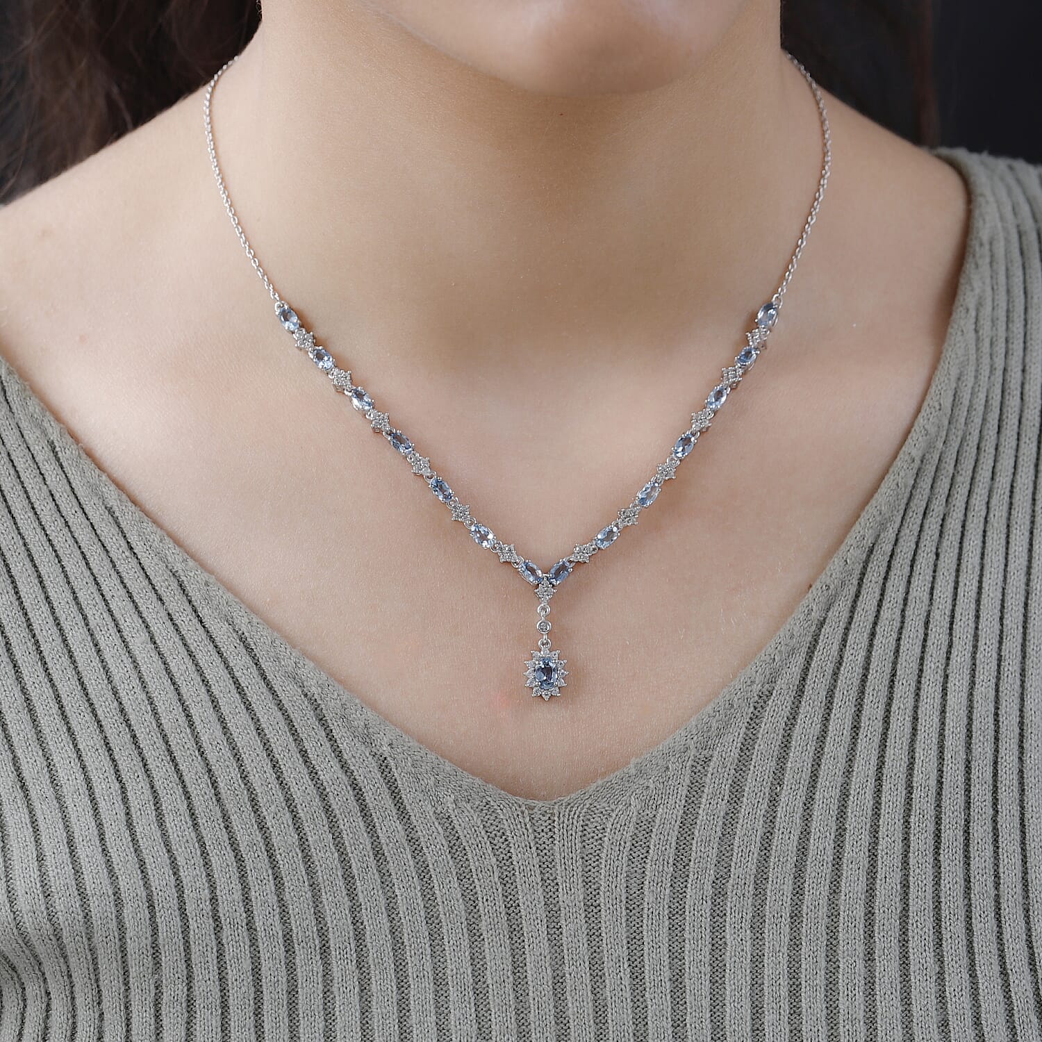 Santamaria Aquamarine & Natural Zircon Necklace (Size - 20) in Platinum Overlay Sterling Silver 4.62 Ct.