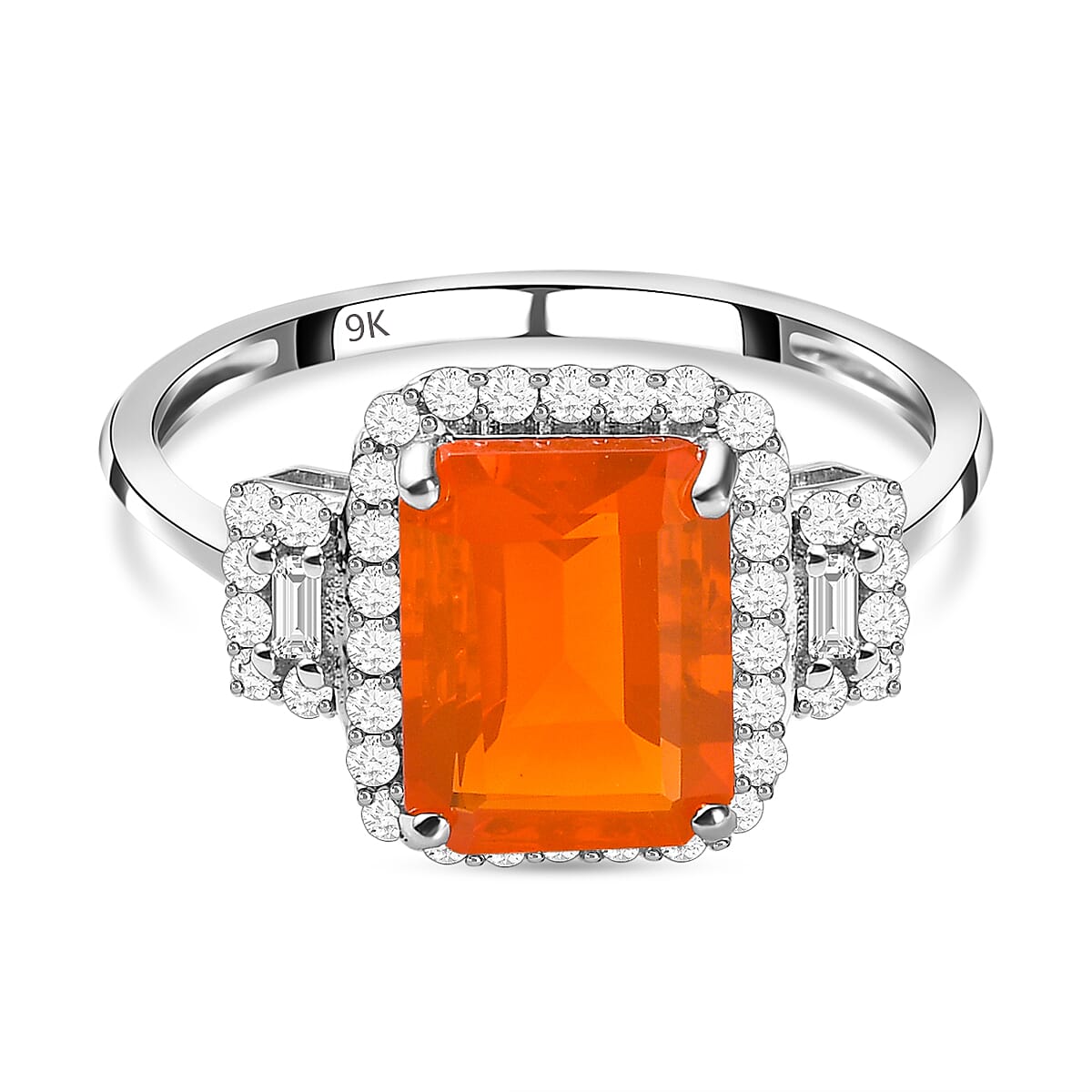 9K White Gold Mexican Cherry Fire Opal & Diamond Ring 2.01 Ct