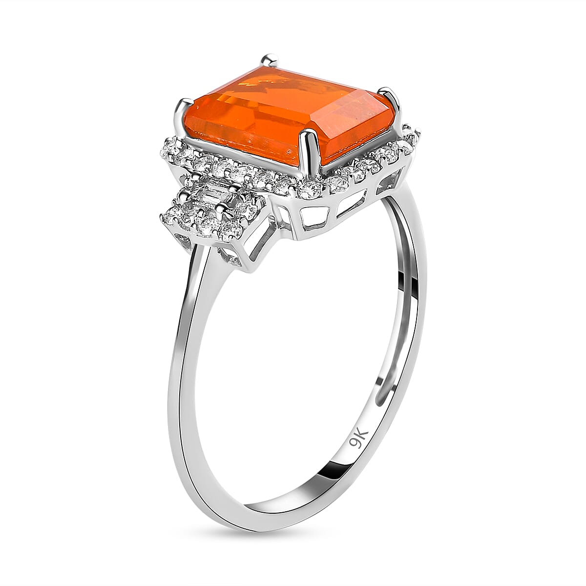 9K White Gold Mexican Cherry Fire Opal & Diamond Ring 2.01 Ct