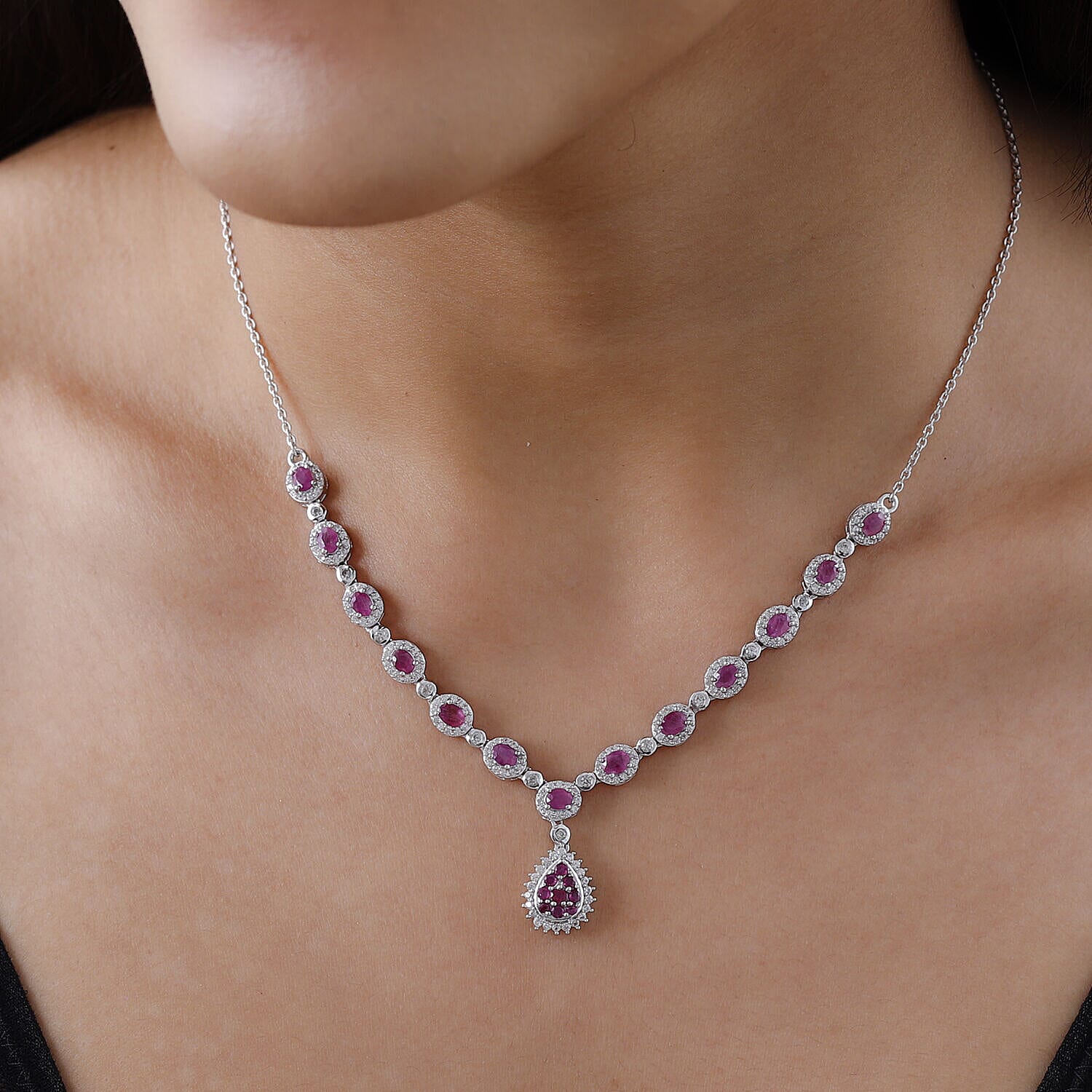 Designer Inspired - Burmese Ruby & Natural Zircon Cluster Necklace (Size - 20) in Platinum Overlay Sterling Silver 7.570 Ct, Silver Wt. 9.20 Gms