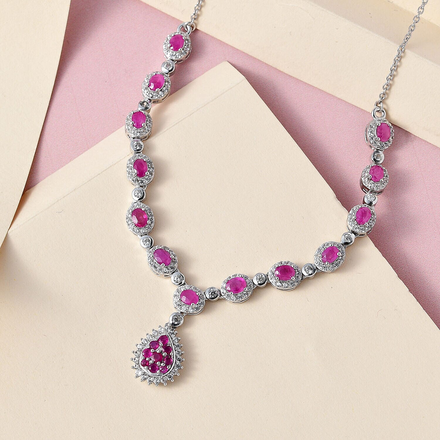 Designer Inspired - Burmese Ruby & Natural Zircon Cluster Necklace (Size - 20) in Platinum Overlay Sterling Silver 7.570 Ct, Silver Wt. 9.20 Gms
