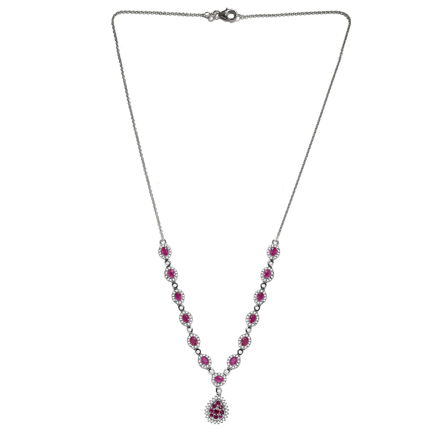 Designer Inspired - Burmese Ruby & Natural Zircon Cluster Necklace (Size - 20) in Platinum Overlay Sterling Silver 7.570 Ct, Silver Wt. 9.20 Gms