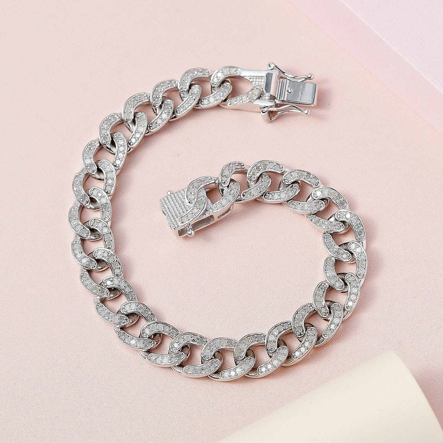 Monster Deal- White Diamond Curb Bracelet (Size - 7.5) in Platinum Overlay Sterling Silver 3.00 Ct Silver Wt 24.00 Grams
