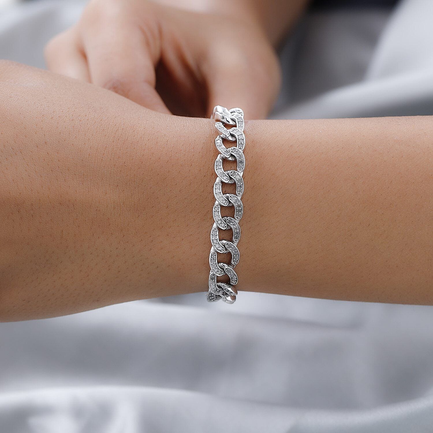 Monster Deal- White Diamond Curb Bracelet (Size - 7.5) in Platinum Overlay Sterling Silver 3.00 Ct Silver Wt 24.00 Grams