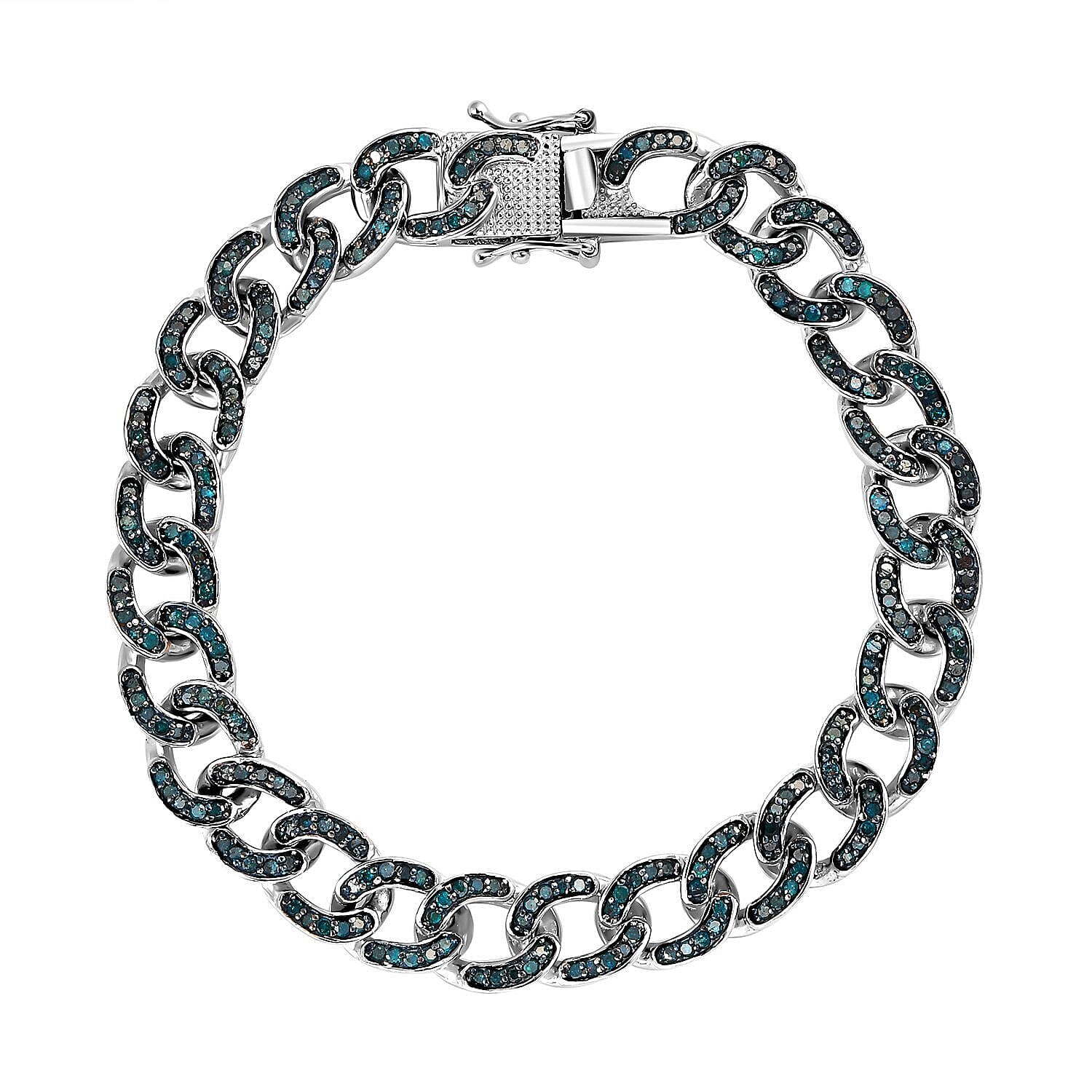 Blue Diamond Curb Bracelet (Size - 7.5) in Platinum Overlay Sterling Silver 3.00 Ct, Silver Wt 24.61 Gms