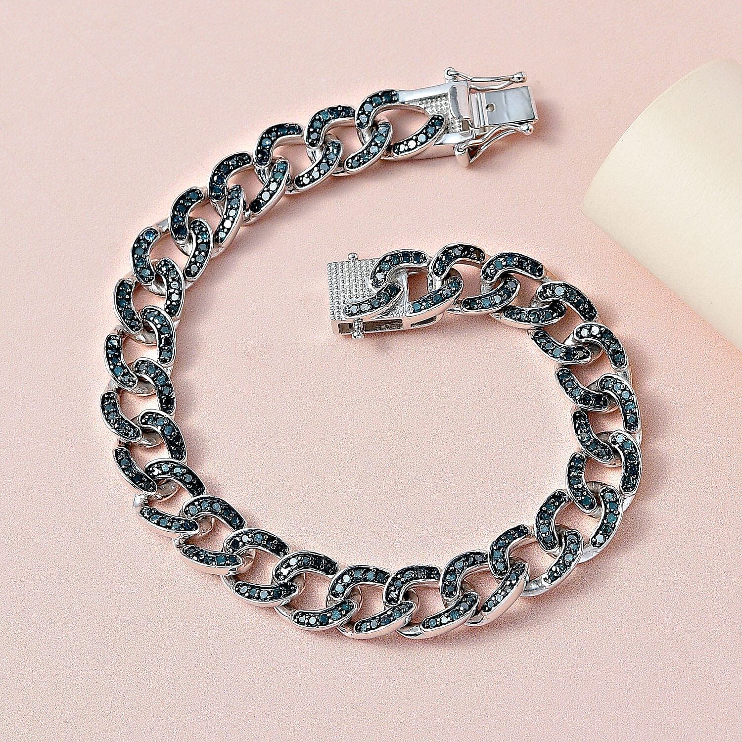 Blue Diamond Curb Bracelet (Size - 7.5) in Platinum Overlay Sterling Silver 3.00 Ct, Silver Wt 24.61 Gms