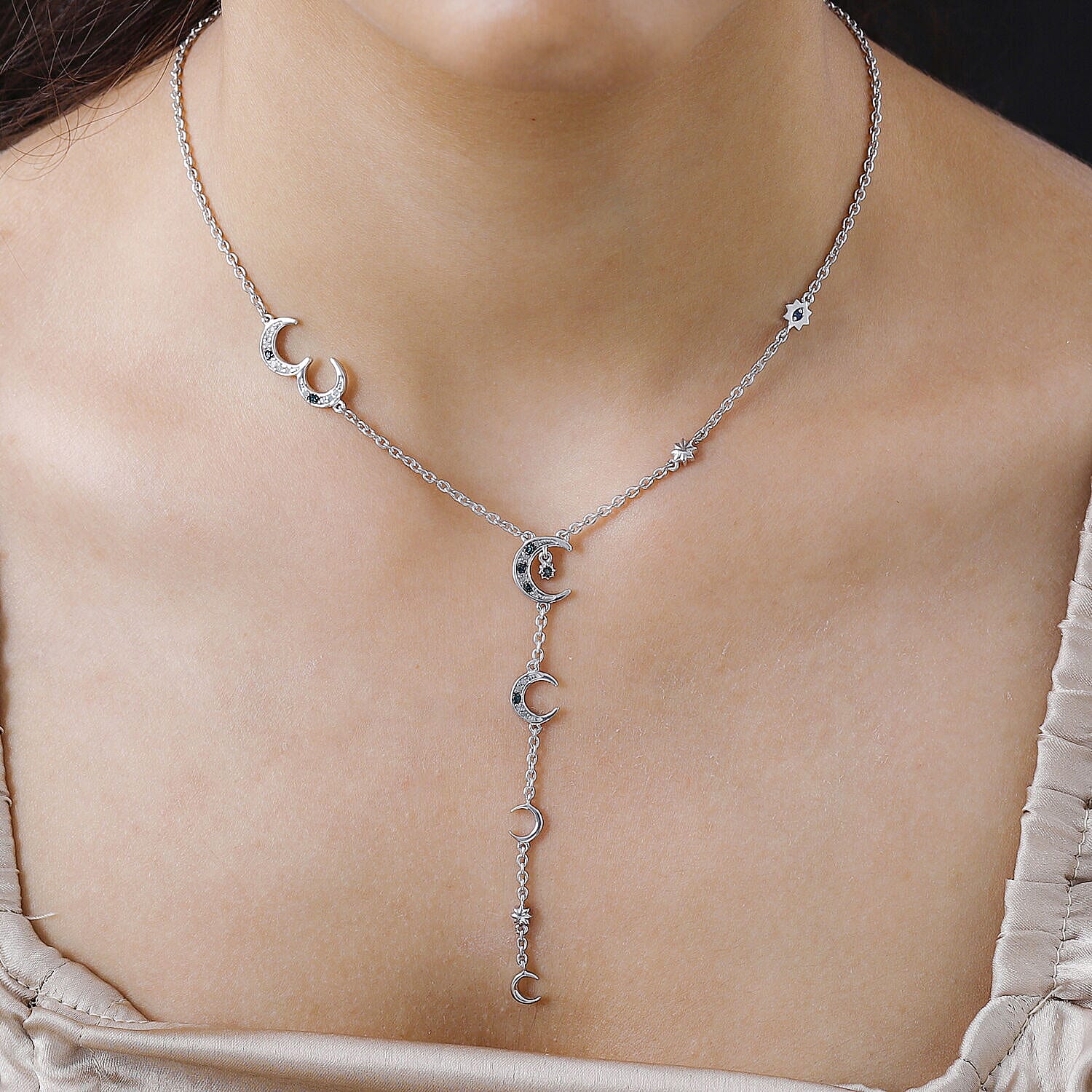 GP Celestial Collection - Teal Blue Diamond and Natural White Diamond Necklace (Size - 20) in Platinum Overlay Sterling Silver 0.23 Ct, Silver Wt. 7.40 Gms.