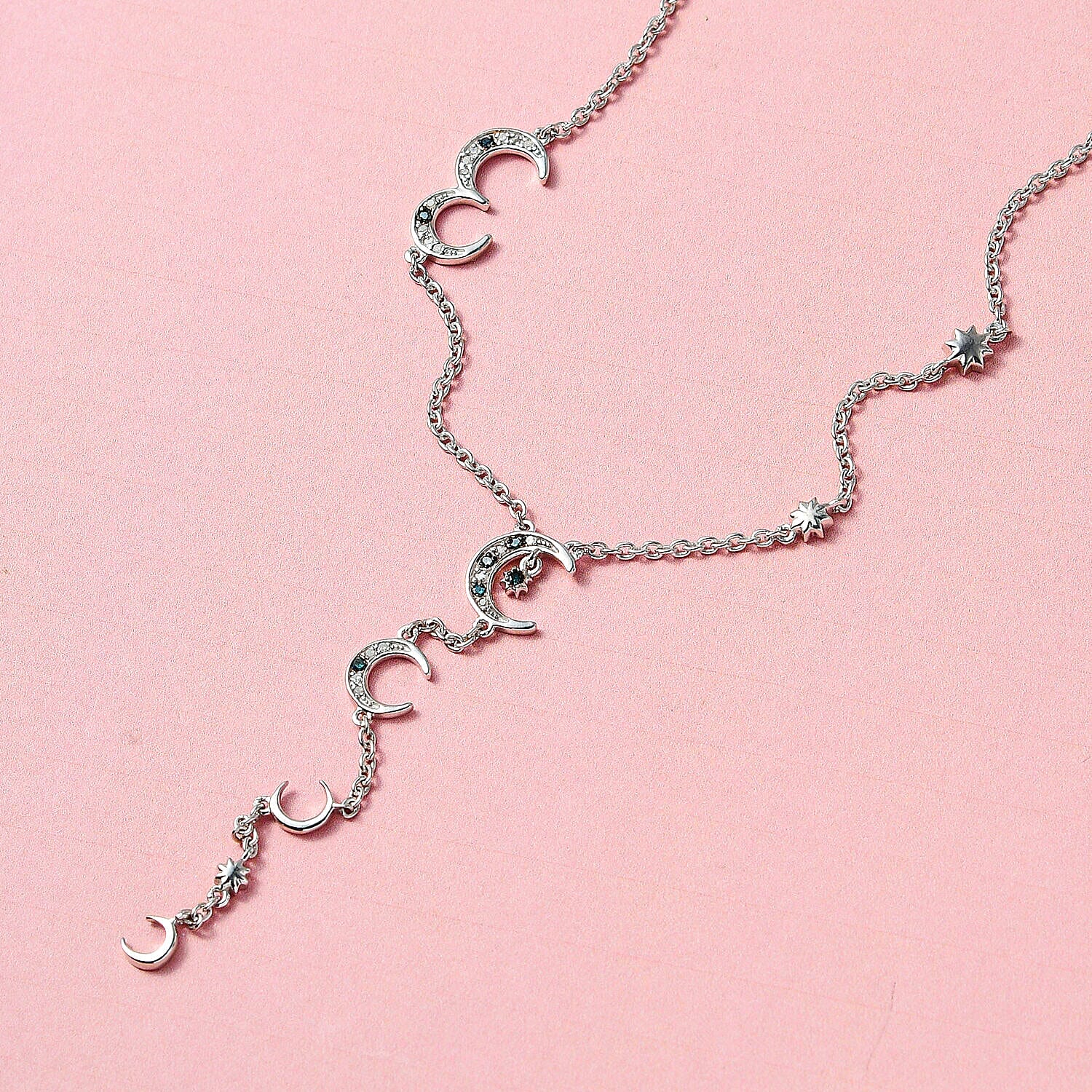 GP Celestial Collection - Teal Blue Diamond and Natural White Diamond Necklace (Size - 20) in Platinum Overlay Sterling Silver 0.23 Ct, Silver Wt. 7.40 Gms.