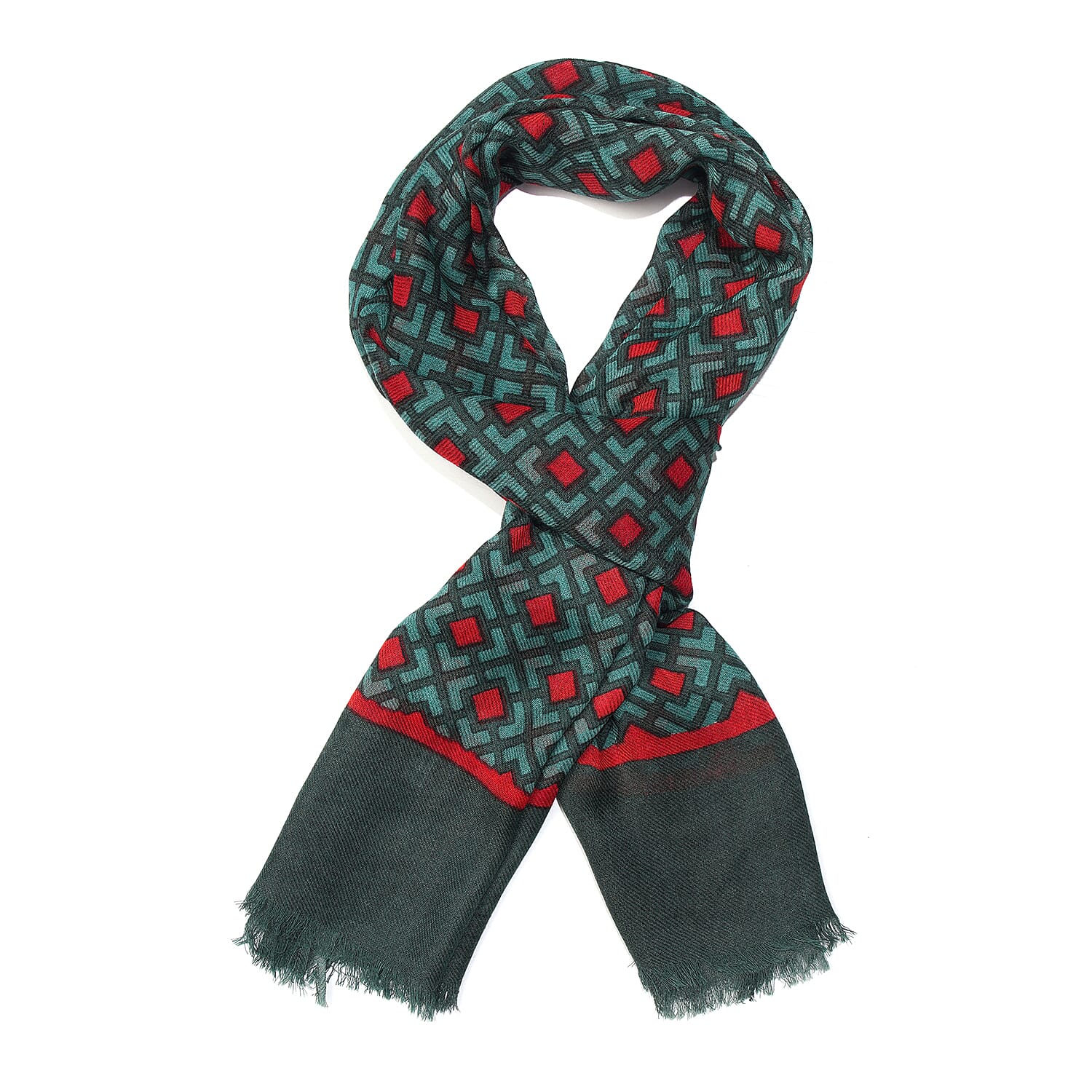 100% Wool Printed Scarf (Size 180x70 Cm) - Dark Green