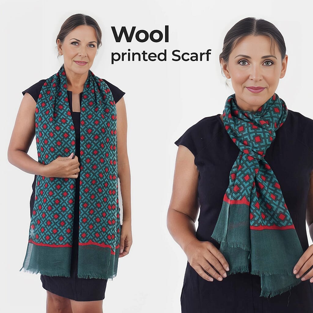 100% Wool Printed Scarf (Size 180x70 Cm) - Dark Green