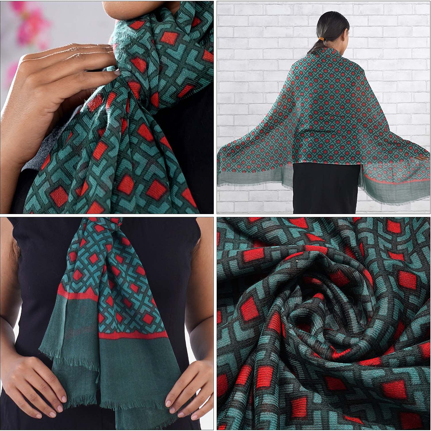 100% Wool Printed Scarf (Size 180x70 Cm) - Dark Green