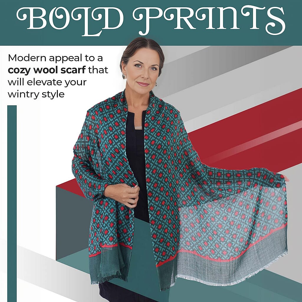 Wool Printed Scar - Green & Red