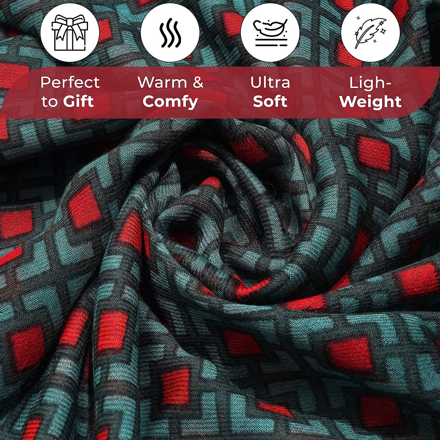 Wool Printed Scar - Green & Red