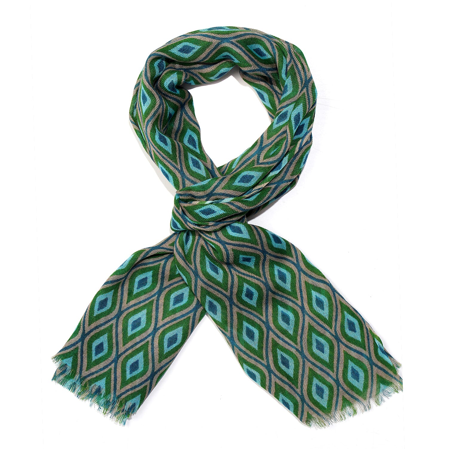 100% Wool Printed Scarf (Size 180x70 cm) - Olive and Green