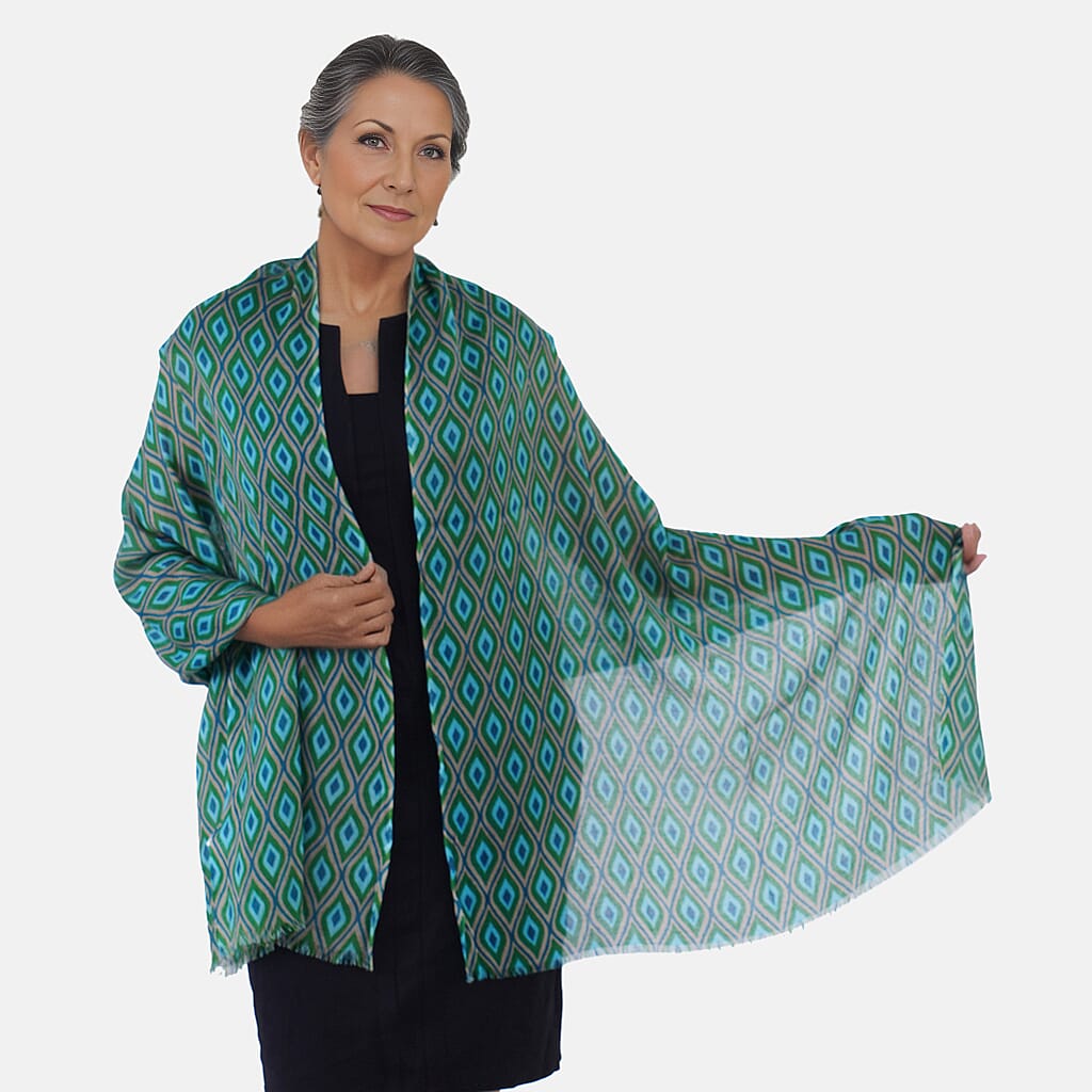 100% Wool Printed Scarf (Size 180x70 cm) - Olive and Green