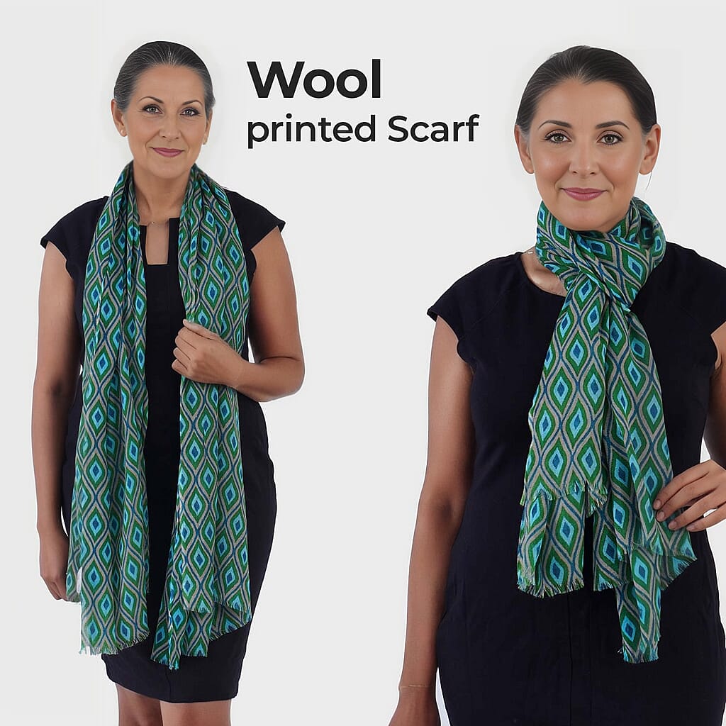 100% Wool Printed Scarf (Size 180x70 cm) - Olive and Green