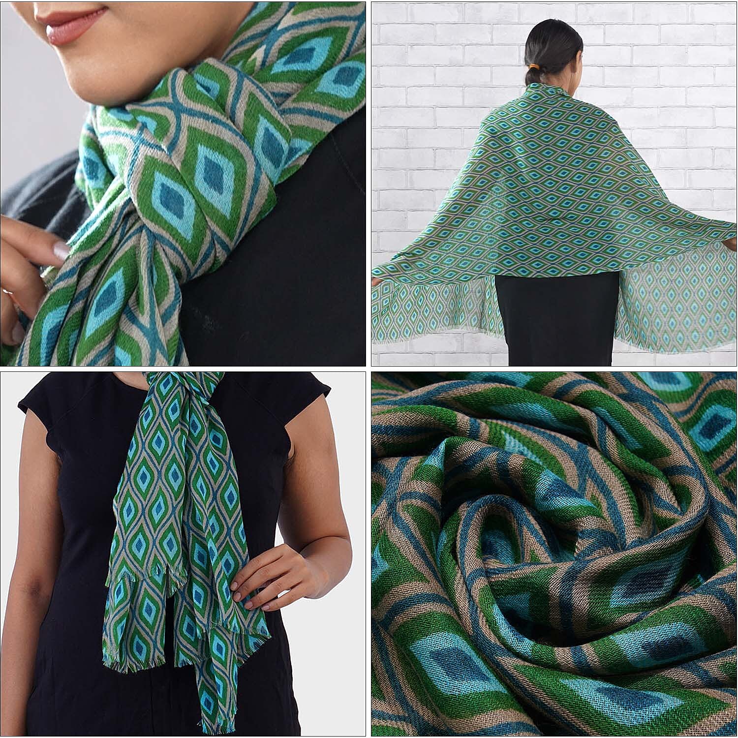 100% Wool Printed Scarf (Size 180x70 cm) - Olive and Green