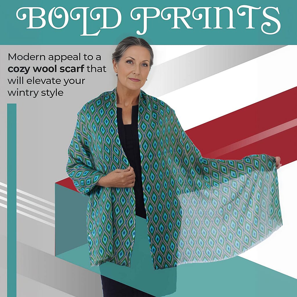 100% Wool Printed Scarf (Size 180x70 cm) - Olive and Green