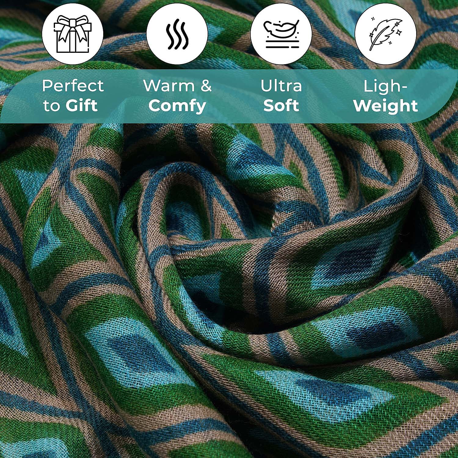 100% Wool Printed Scarf (Size 180x70 cm) - Olive and Green