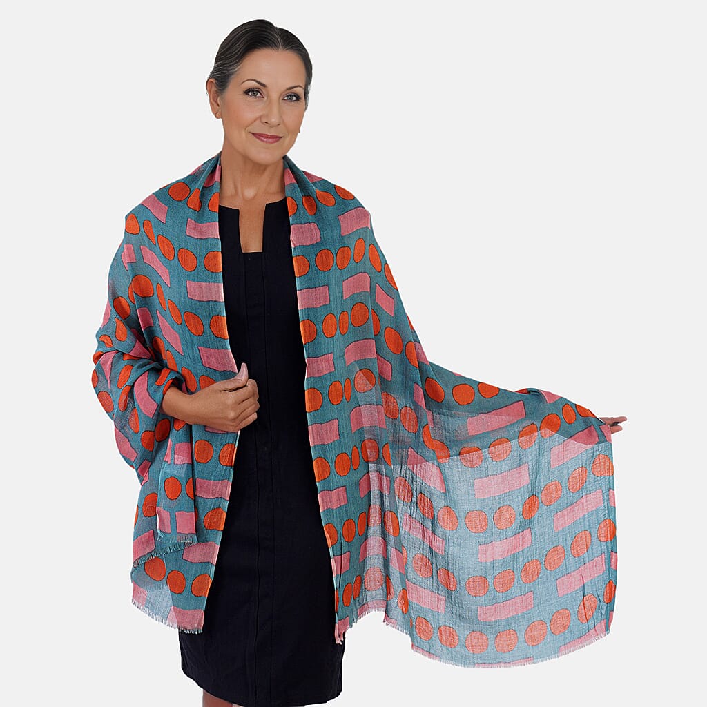 100% Wool Printed Scarf (Size 180x70 Cm) - Olive Green, Red & Pink