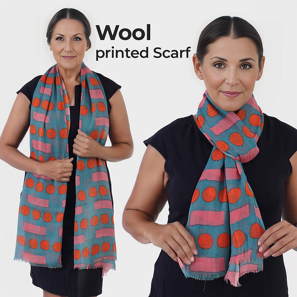 100% Wool Printed Scarf (Size 180x70 Cm) - Olive Green, Red & Pink