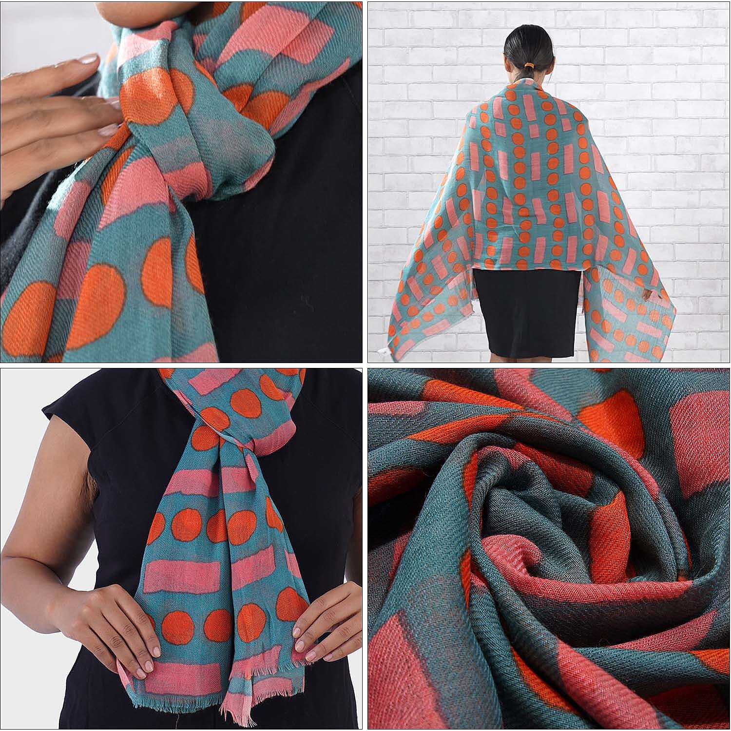 100% Wool Printed Scarf (Size 180x70 Cm) - Olive Green, Red & Pink