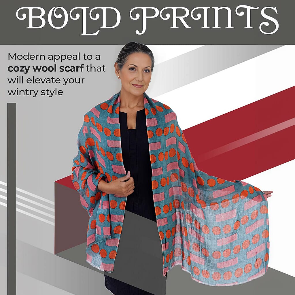 100% Wool Printed Scarf (Size 180x70 Cm) - Olive Green, Red & Pink