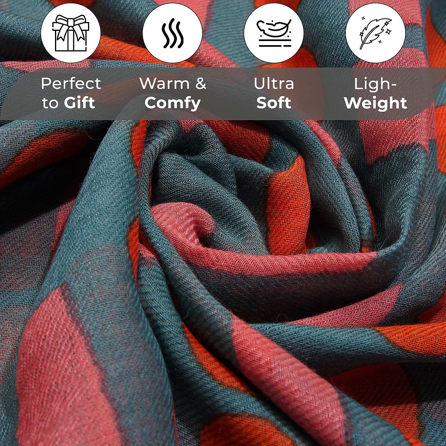100% Wool Printed Scarf (Size 180x70 Cm) - Olive Green, Red & Pink