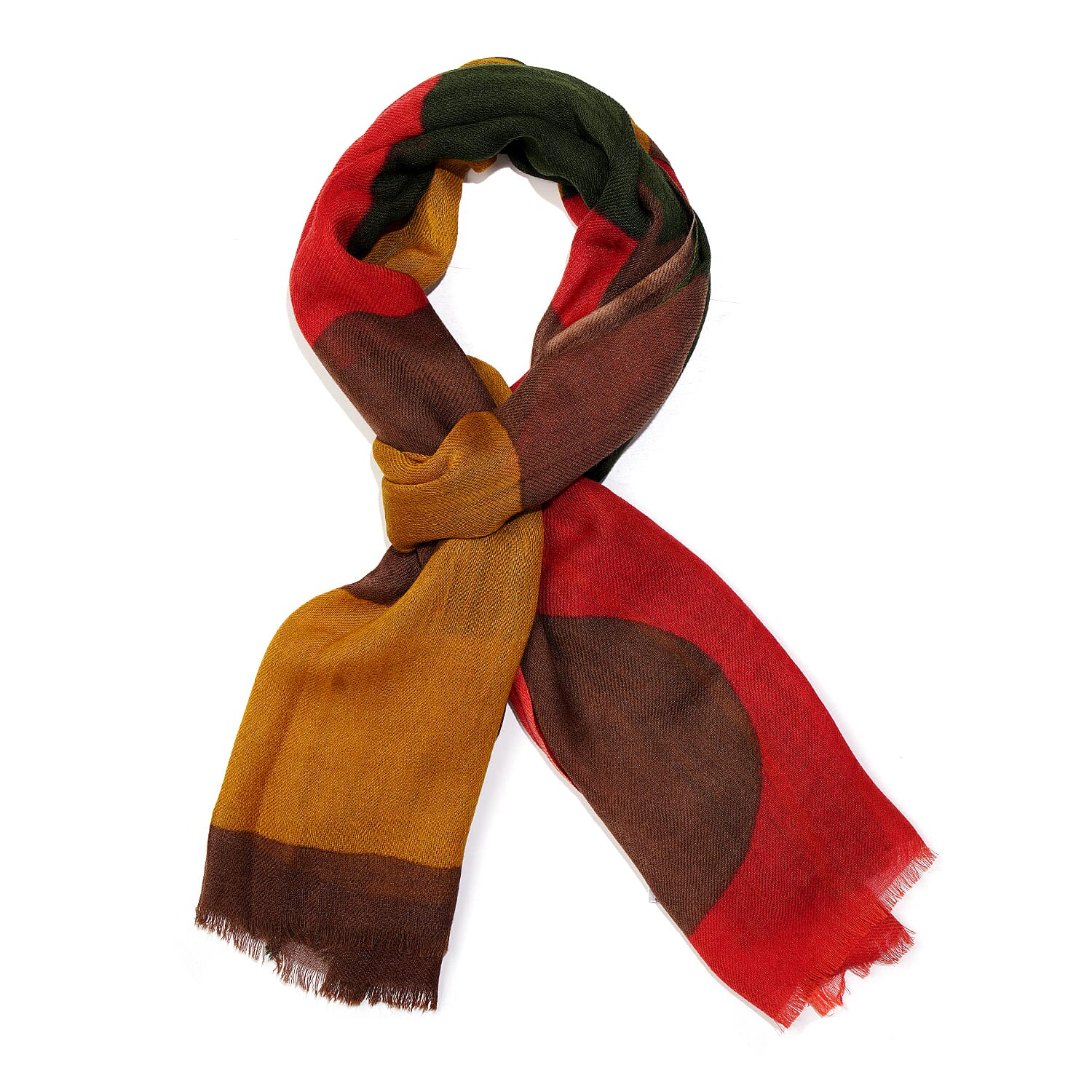 100% Merino Wool Printed Scarf (Size 180x70 Cm) - Red & Multi