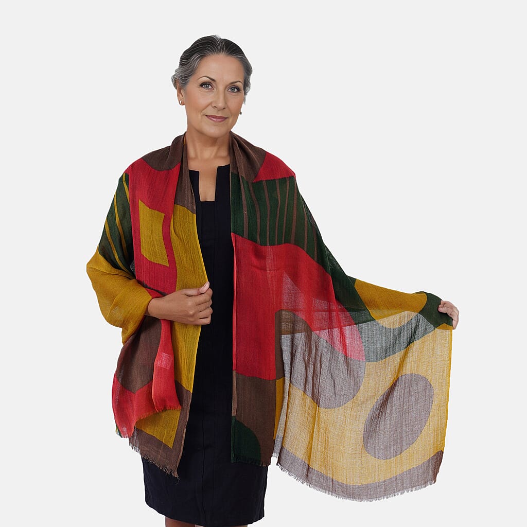 100% Merino Wool Printed Scarf (Size 180x70 Cm) - Red & Multi