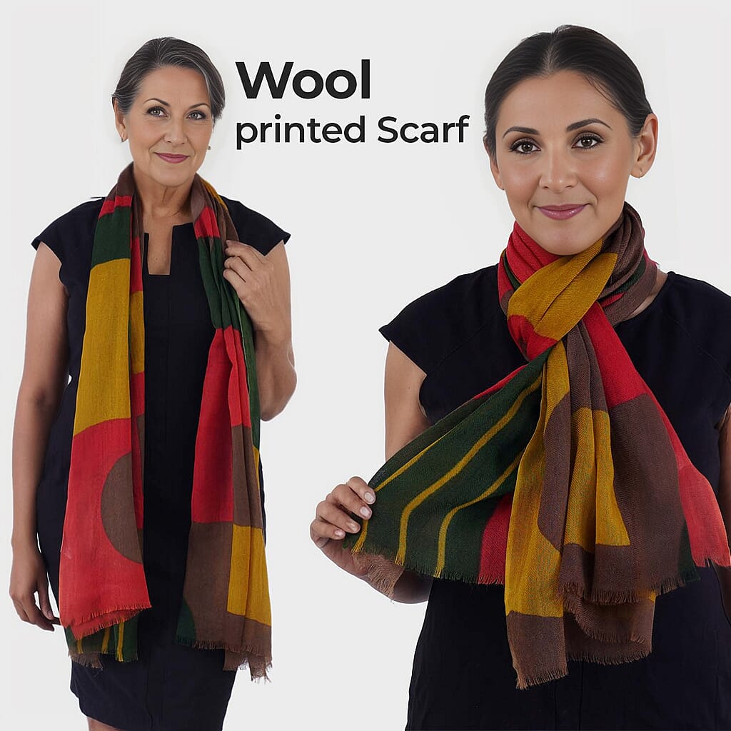 100% Merino Wool Printed Scarf (Size 180x70 Cm) - Red & Multi