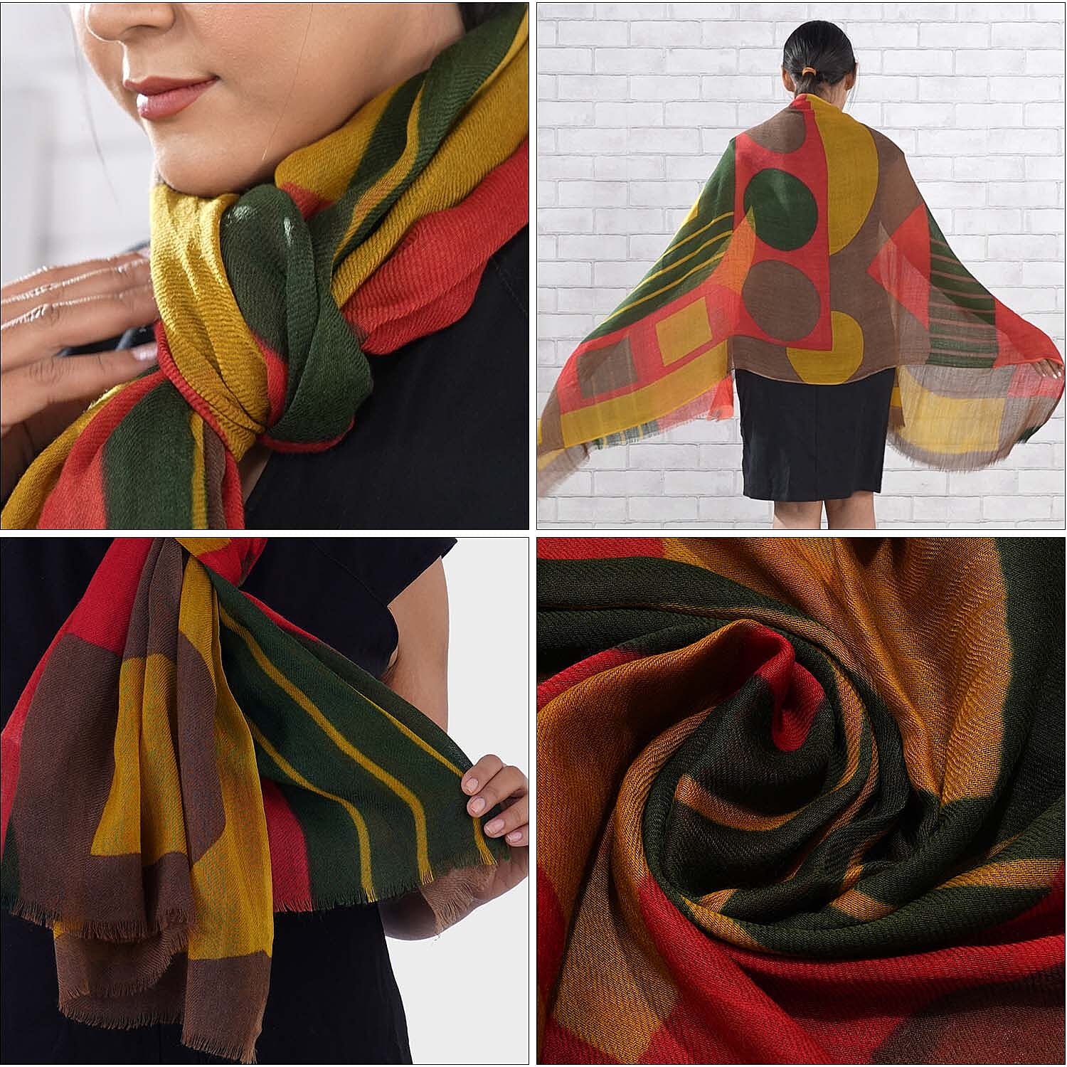 100% Merino Wool Printed Scarf (Size 180x70 Cm) - Red & Multi