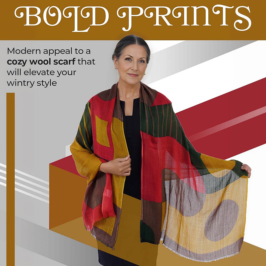 100% Merino Wool Printed Scarf (Size 180x70 Cm) - Red & Multi