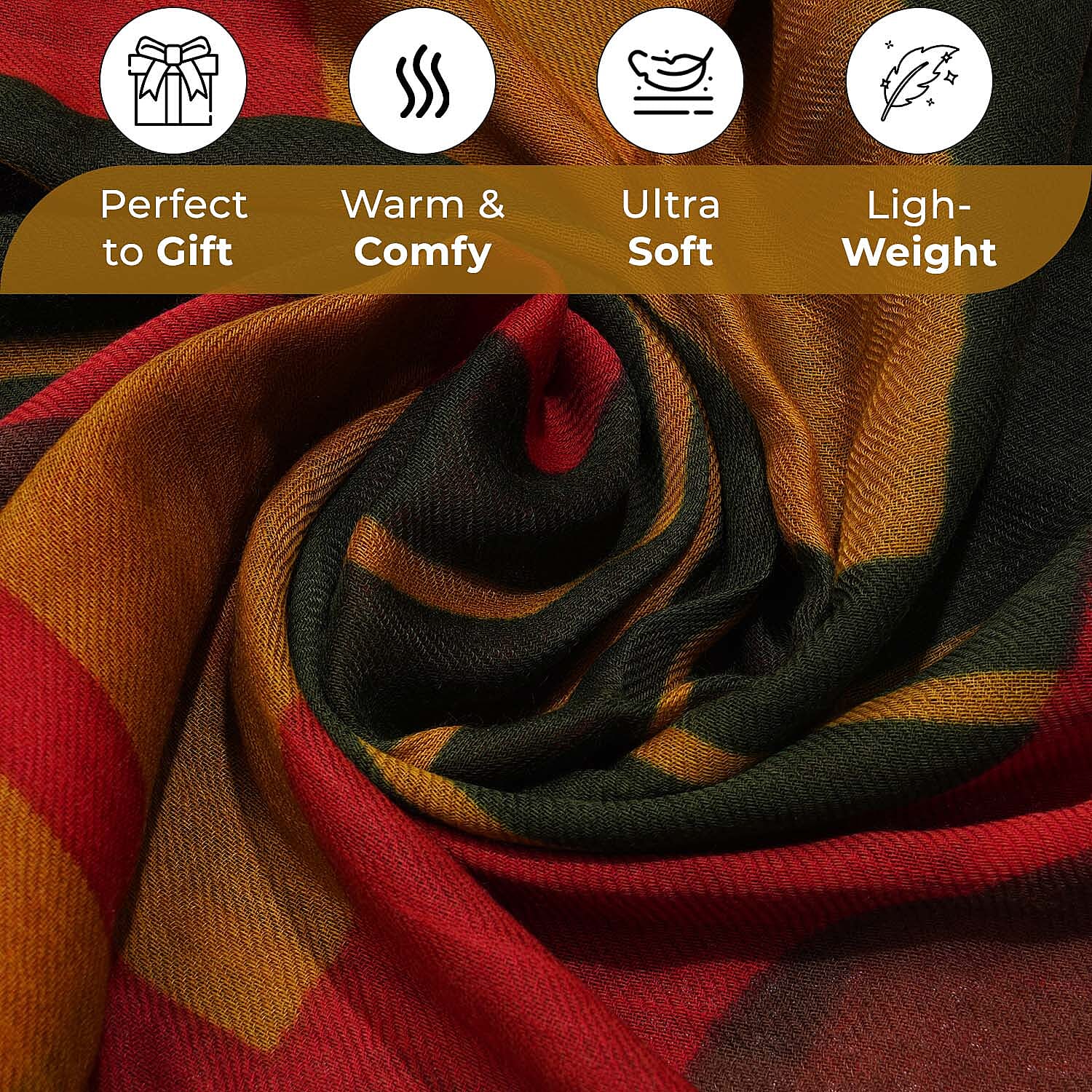 100% Merino Wool Printed Scarf (Size 180x70 Cm) - Red & Multi