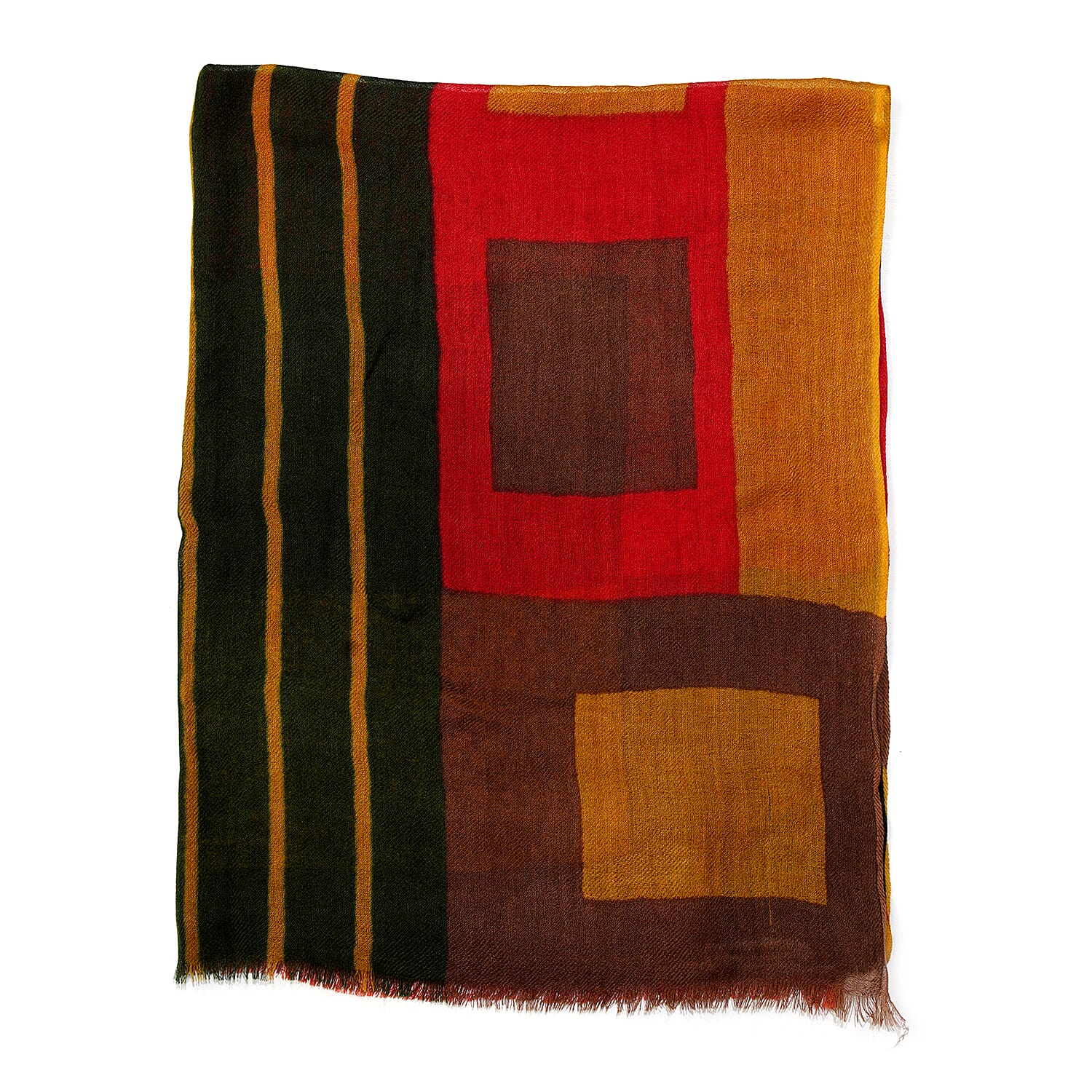 100% Merino Wool Printed Scarf (Size 180x70 Cm) - Red & Multi