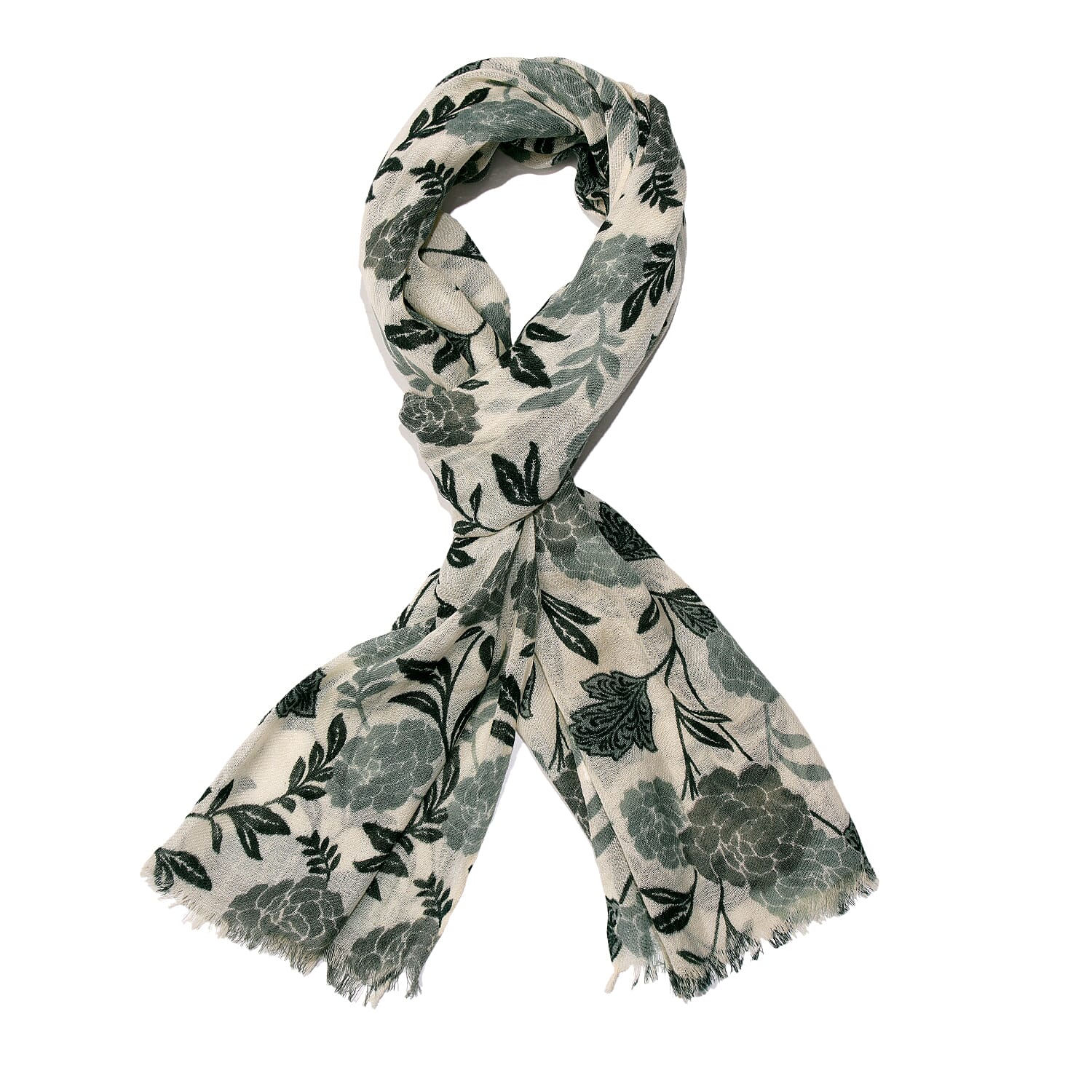 100% Wool Leaf Pattern Scarf (Size 180x70 cm) - Light Green