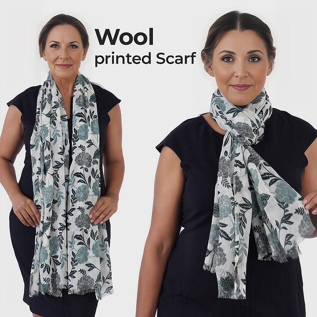 100% Wool Leaf Pattern Scarf (Size 180x70 cm) - Light Green