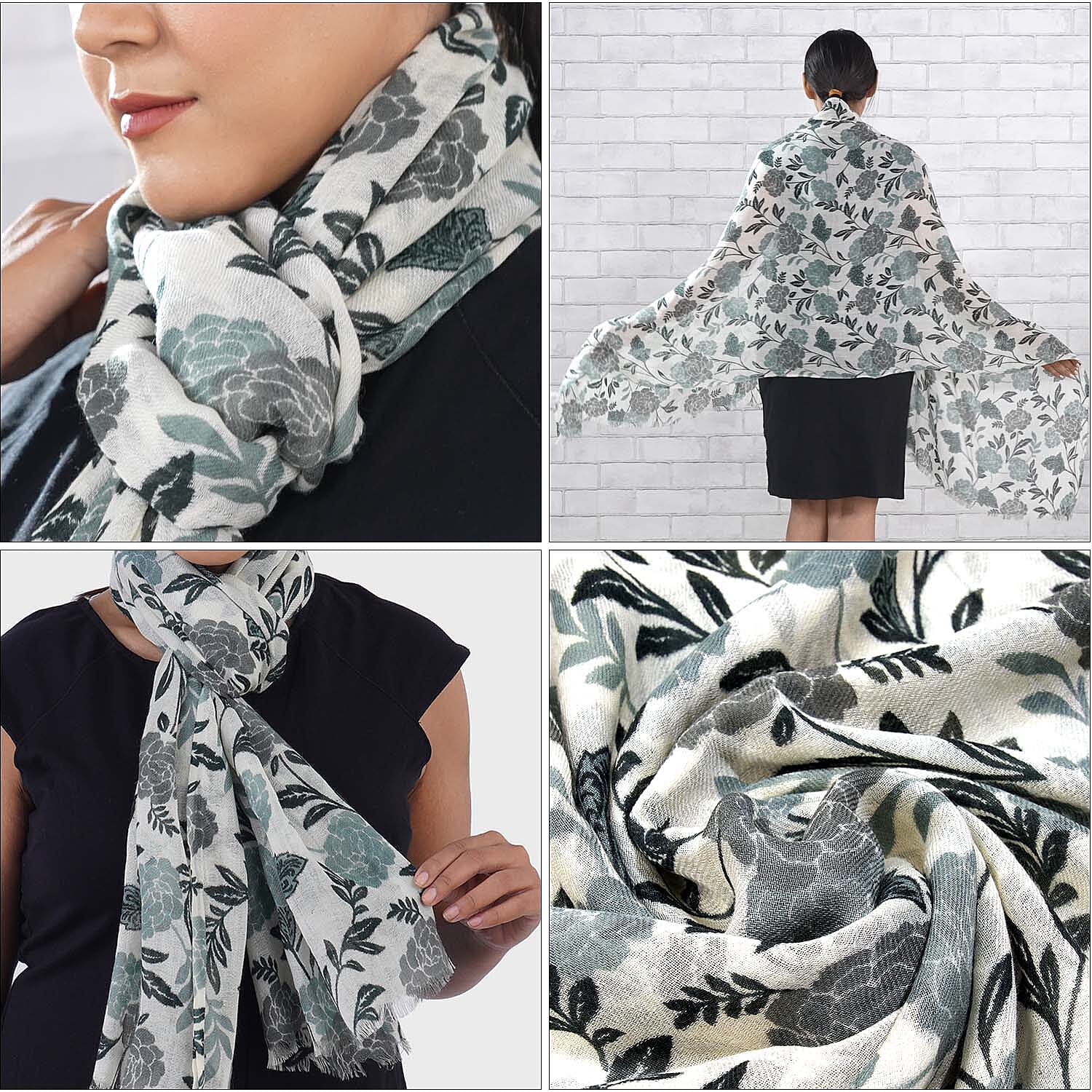 100% Wool Leaf Pattern Scarf (Size 180x70 cm) - Light Green