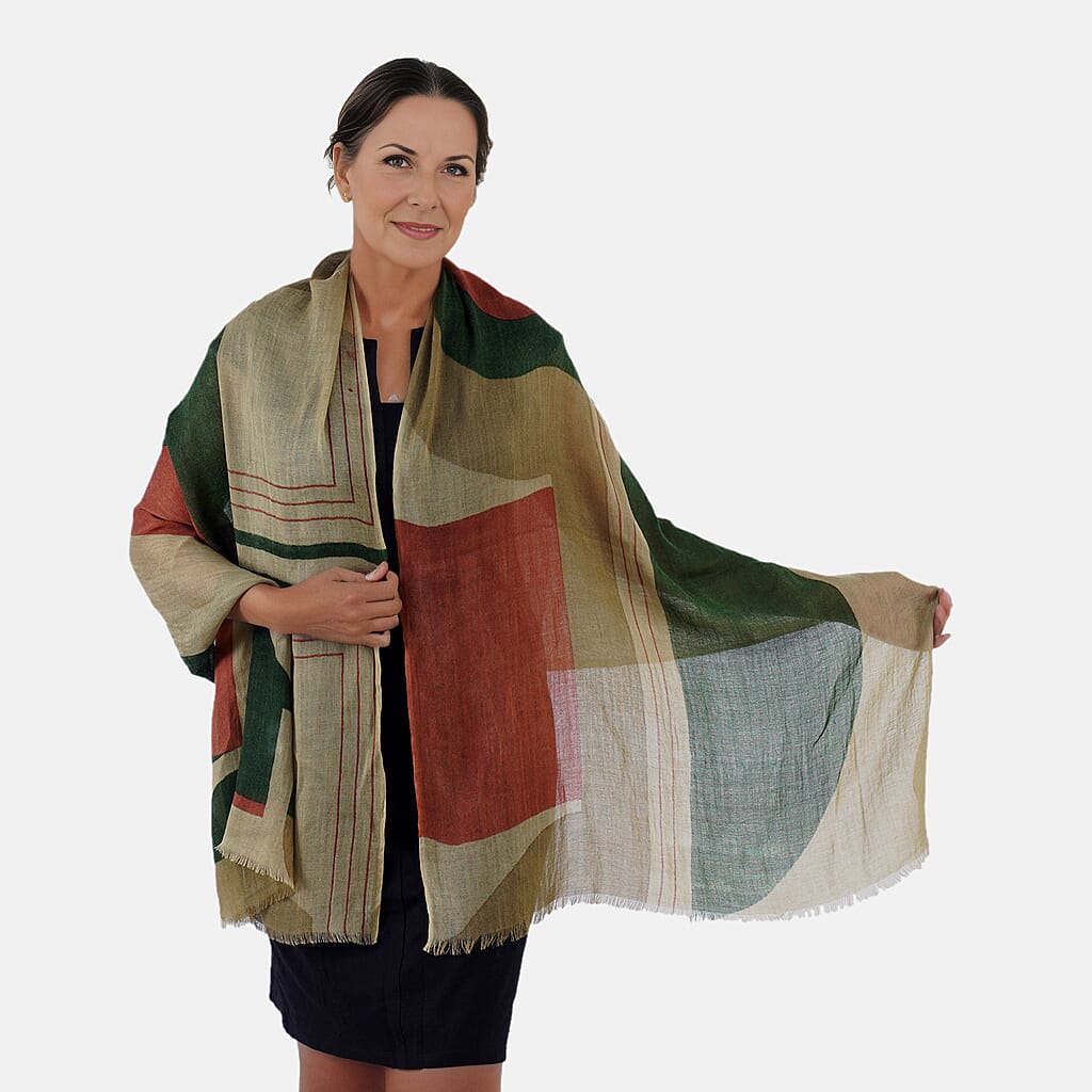 100% Wool Printed Scarf (Size 180x70 Cm) - Beige