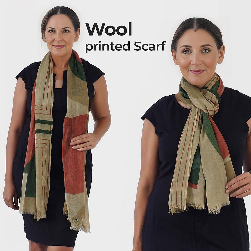 100% Wool Printed Scarf (Size 180x70 Cm) - Beige