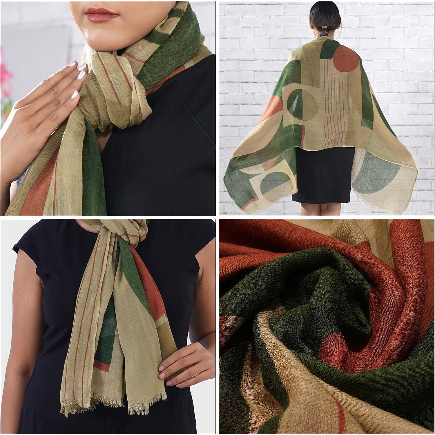 100% Wool Printed Scarf (Size 180x70 Cm) - Beige