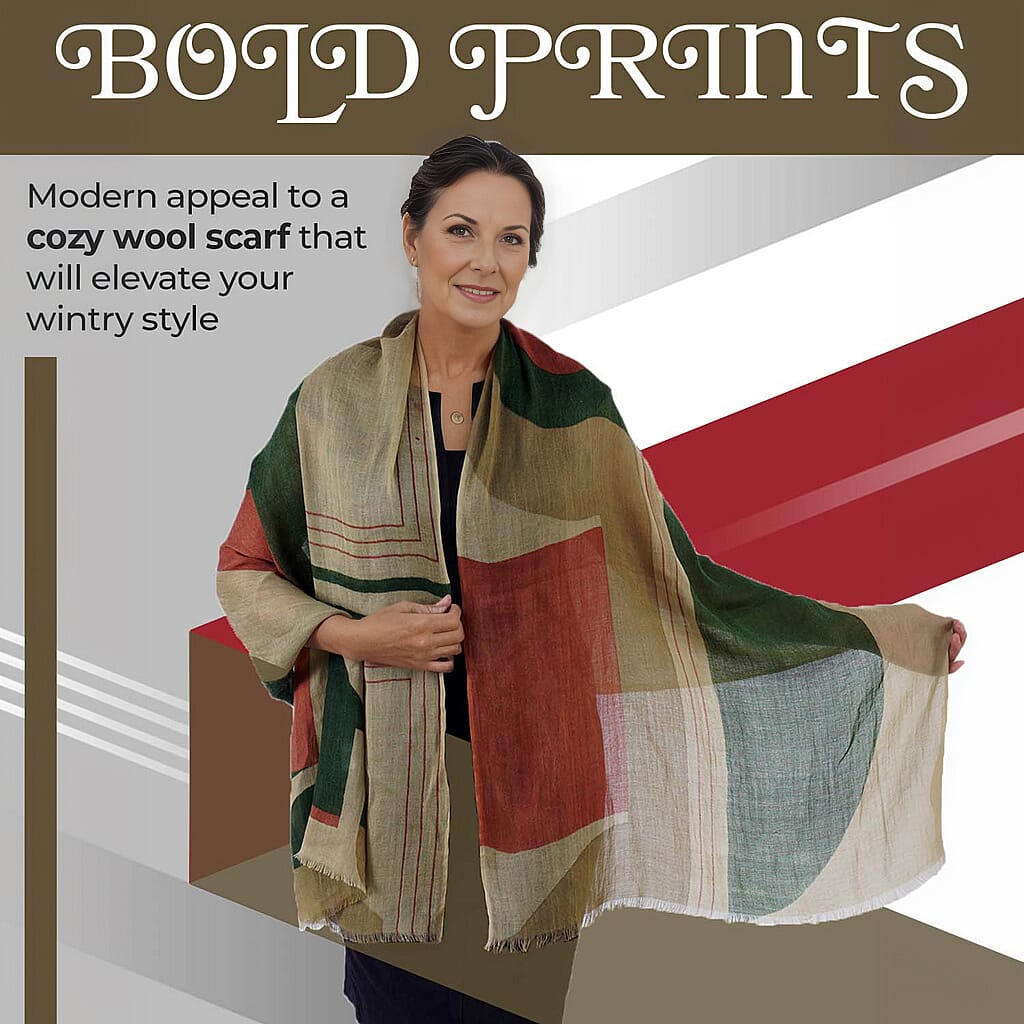 100% Wool Printed Scarf (Size 180x70 Cm) - Beige