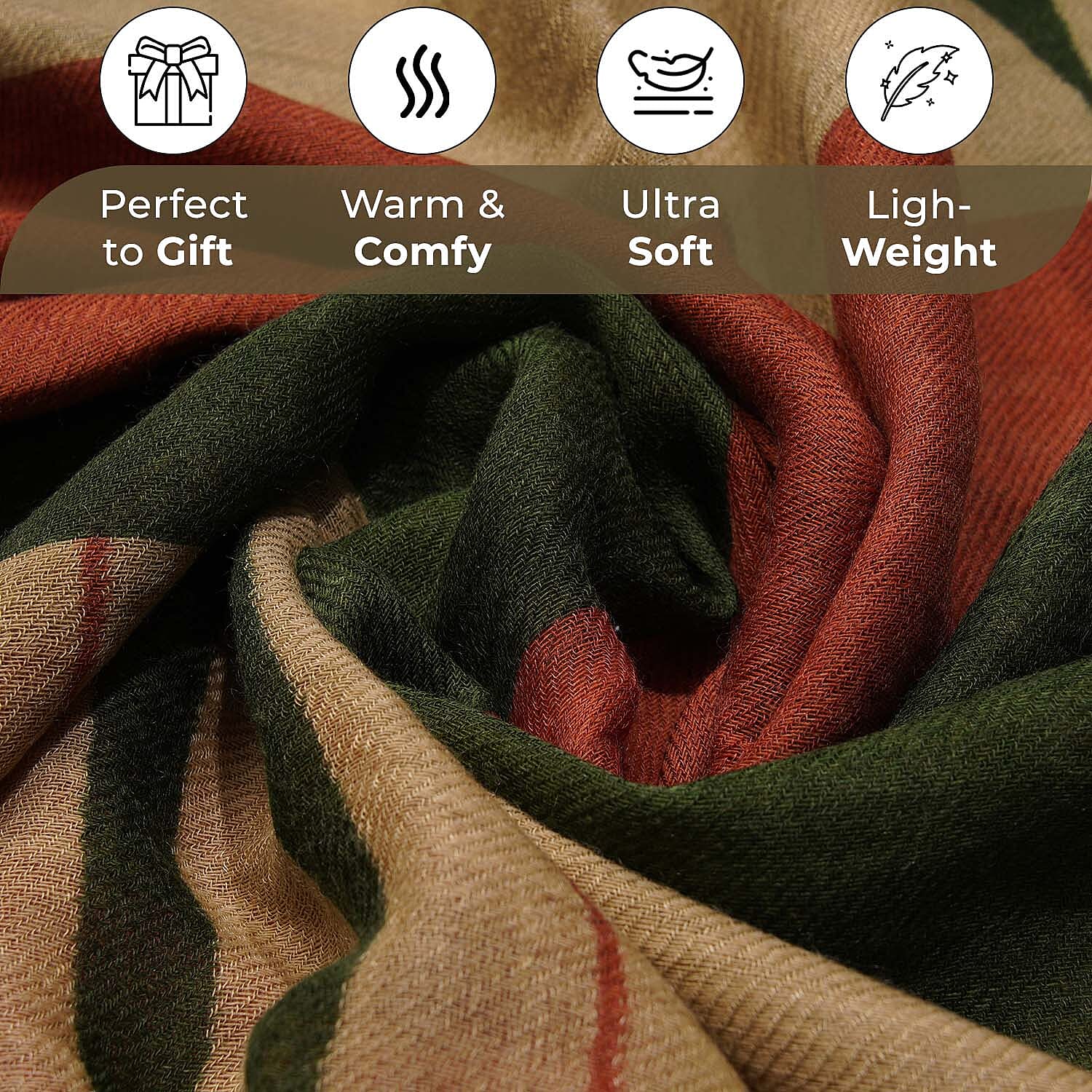 100% Wool Printed Scarf (Size 180x70 Cm) - Beige